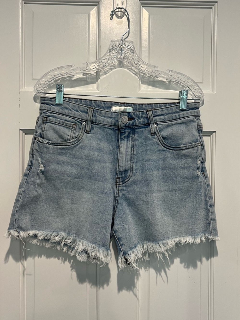 KUT from the Kloth Jane Long Shorts High Rise Frayed Hem Light Wash Denim Size 6 - Picture 2 of 7